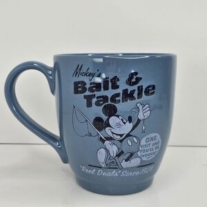 Mickey Mouse Mug 20 Oz Disney Bait & Tackle Logo Ceramic Blue Collectible NWOT